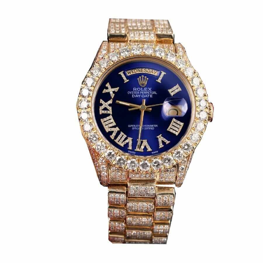 rolex-day-date-yellow-gold-iced-out-diamond-roman-dial-18038-replica-2.jpg Rolex Day-Date 18038 “Iced Out” High Fidelity Replica - Image 1