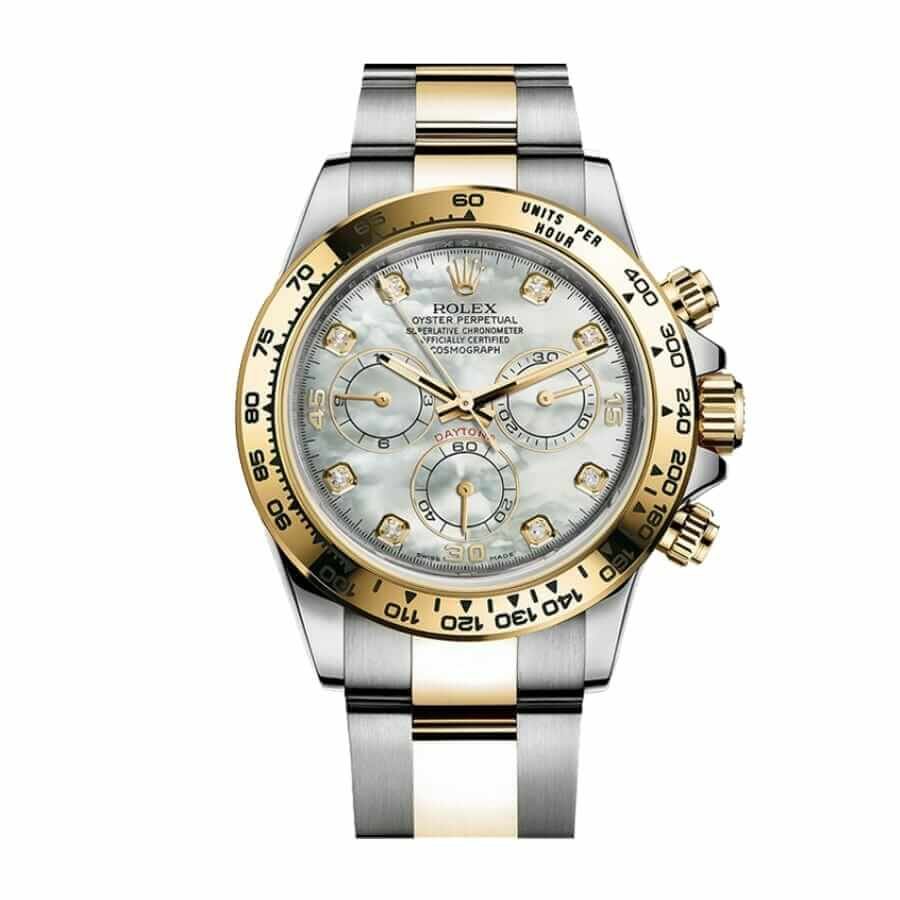 rolex-daytona-116523-mother-of-pearl-diamond-dial-two-tone.jpg Rolex Daytona 116500LN “Mother of Pearl” Premium Clone Replica - Image 1