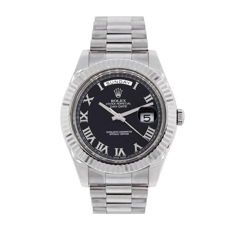rolex-white-gold-day-date-ii-presidential-black-roman-dial-218239-replica.jpg Rolex Day-Date “Presidential” 218239 Detailed Replica - Image 1