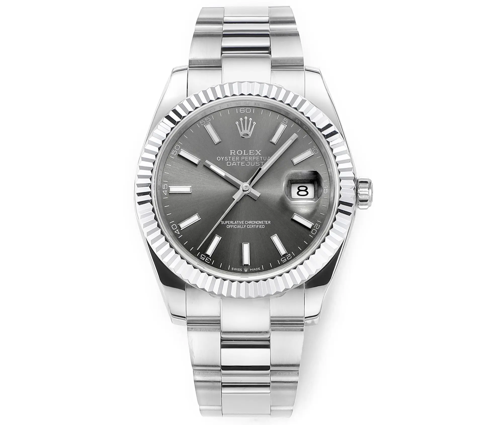 src_0-120.webp Rolex Datejust 41mm Watch – Silver Fluted Bezel, Grey Dial, Stainless Steel Bracelet - Image 1