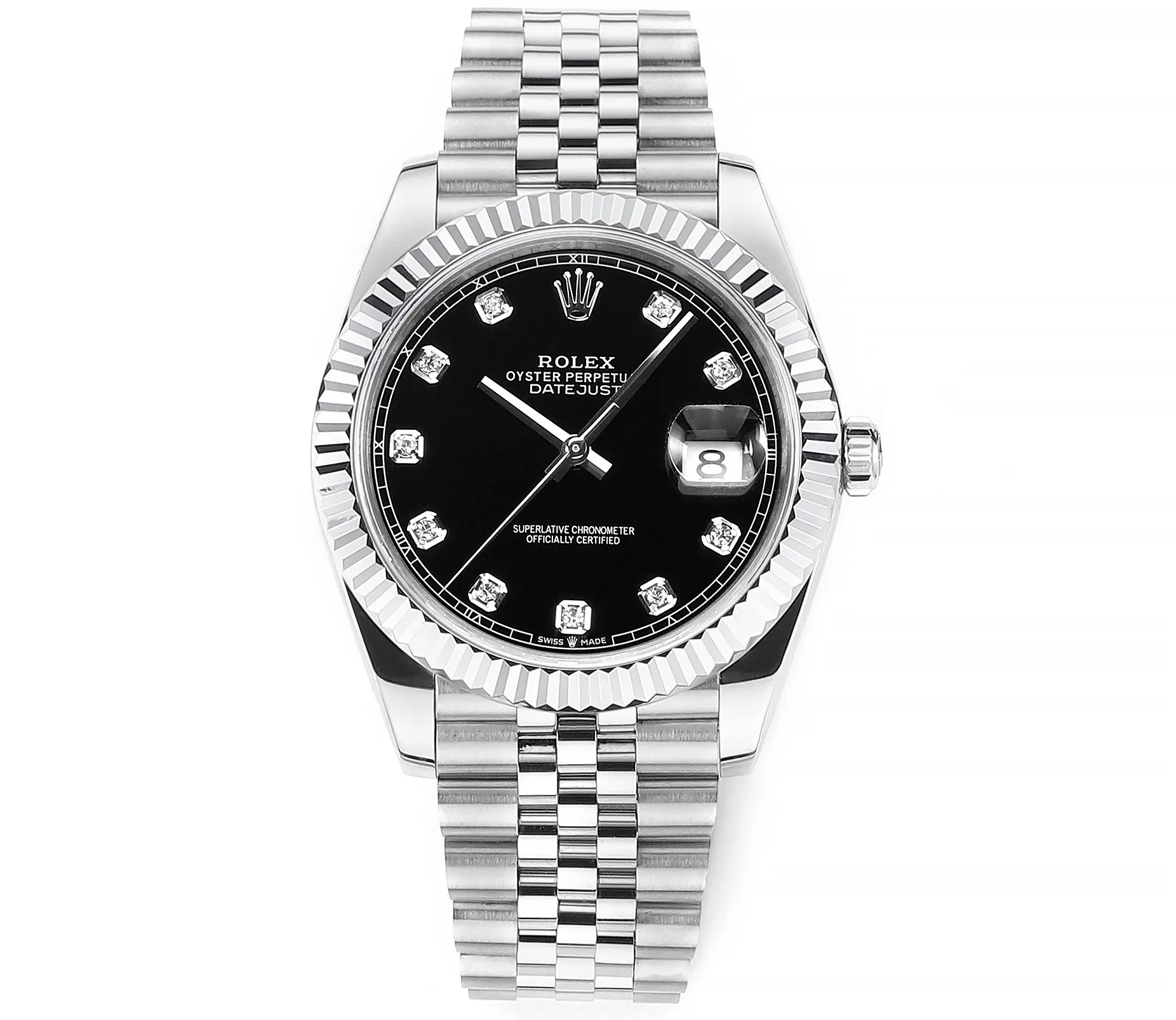 src_0-123.webp Rolex Datejust 41mm Watch – Silver with Black Dial and Diamond Markers - Image 1
