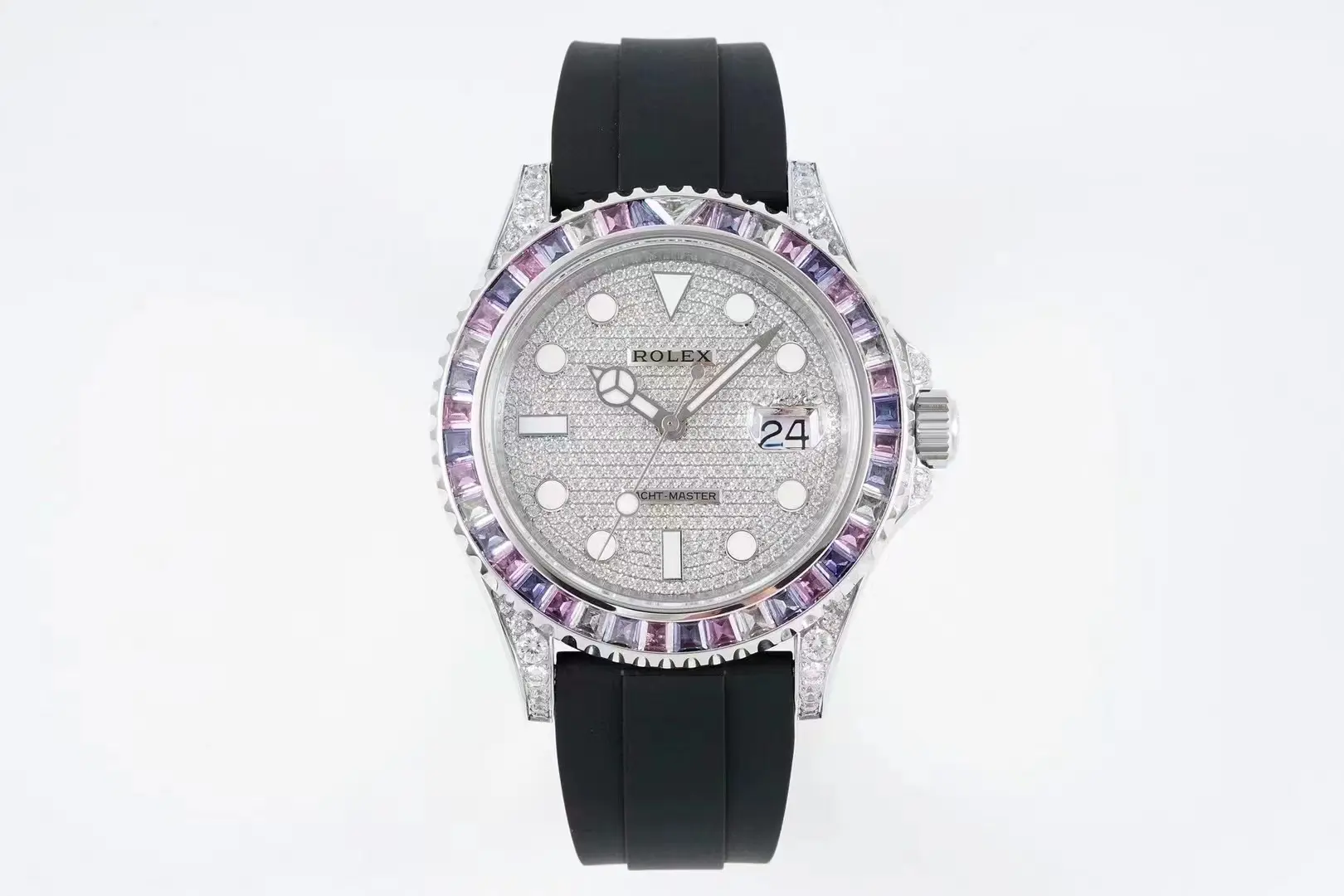 src_0-35.webp Rolex Yacht-Master 40mm Platinum Case Watch with Diamond & Amethyst Bezel and Black Rubber Strap - Image 1