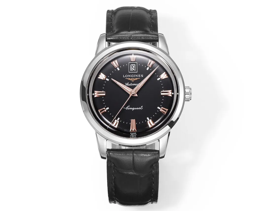 src_0-382.webp Longines Conquest Cyclops Black Leather Watch - Image 1
