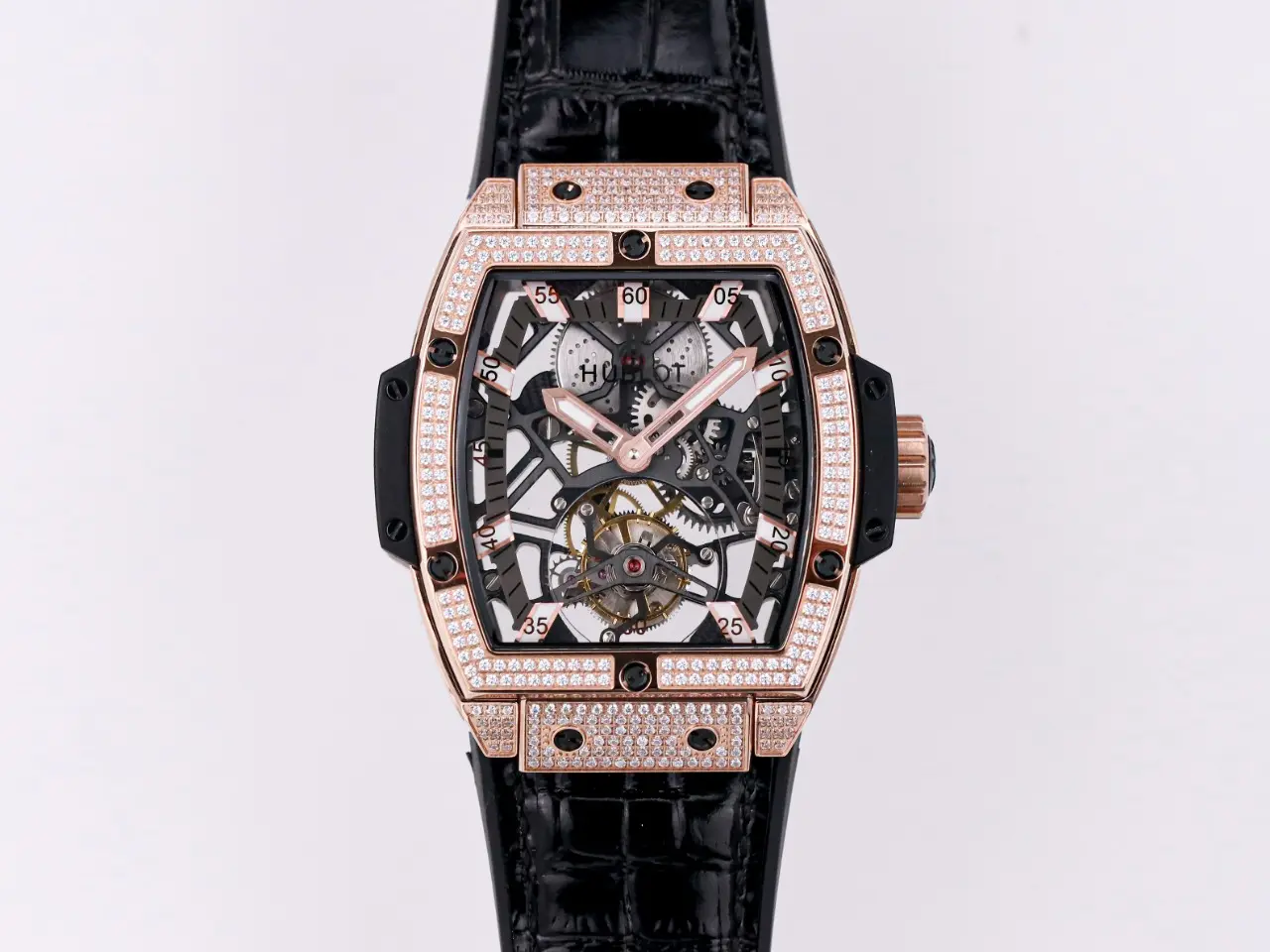 src_0-390.webp Hublot Masterpiece 906 Tourbillon Watch – Rose Gold/Platinum, Black Leather Strap, Skeleton Dial - Image 1