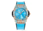 HUBLOT Big Bang One-Click 39mm Stainless Steel Rainbow Watch – Blue Dial, Rose Gold and Diamond Bezel, Blue Leather Strap