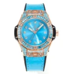 HUBLOT Big Bang One-Click 39mm Stainless Steel Rainbow Watch – Blue Dial, Rose Gold and Diamond Bezel, Blue Leather Strap