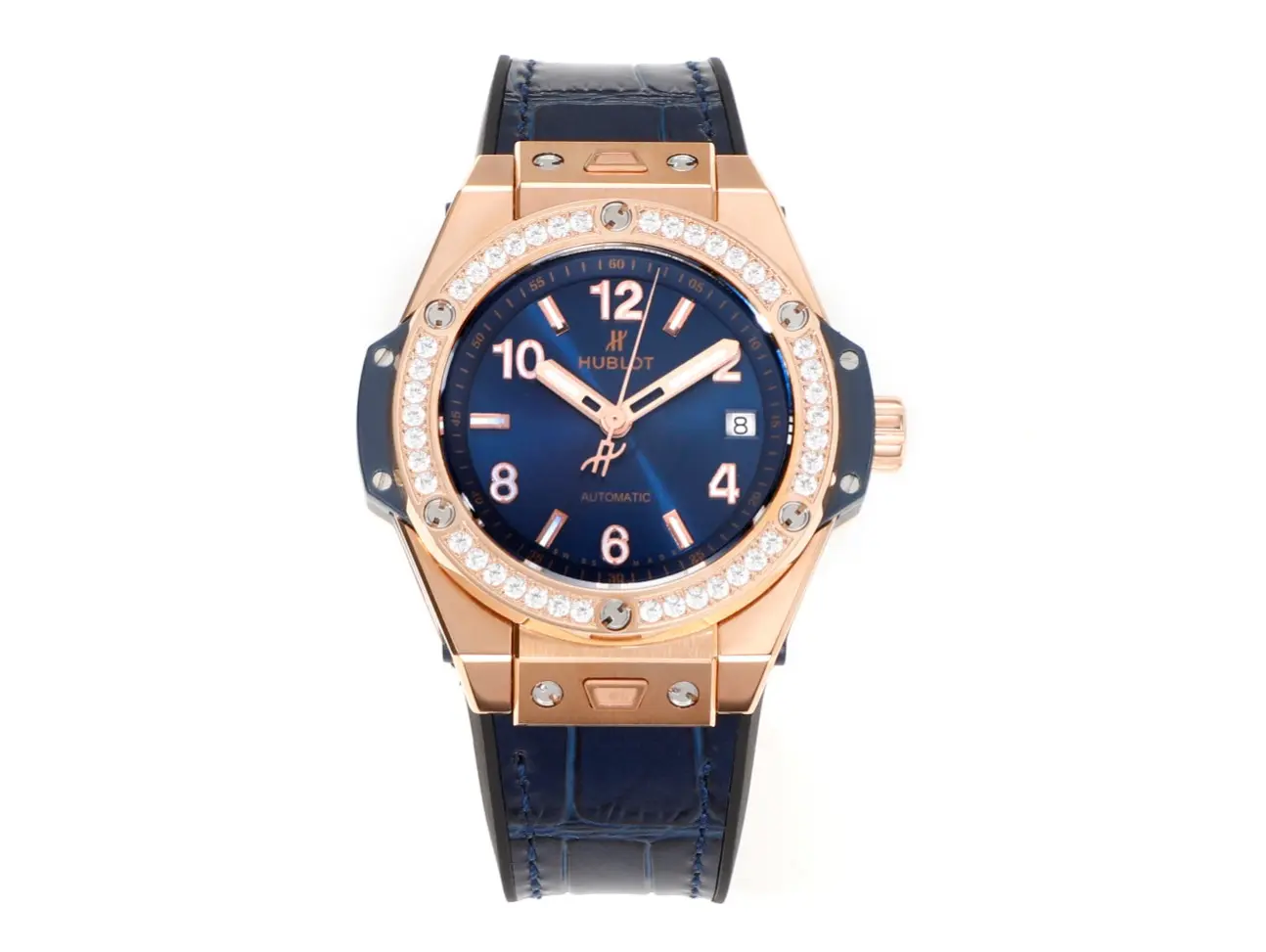 src_0-410.webp HUBLOT Big Bang One-Click 39mm Rose Gold Blue Dial Diamond Set Automatic Watch - Image 1