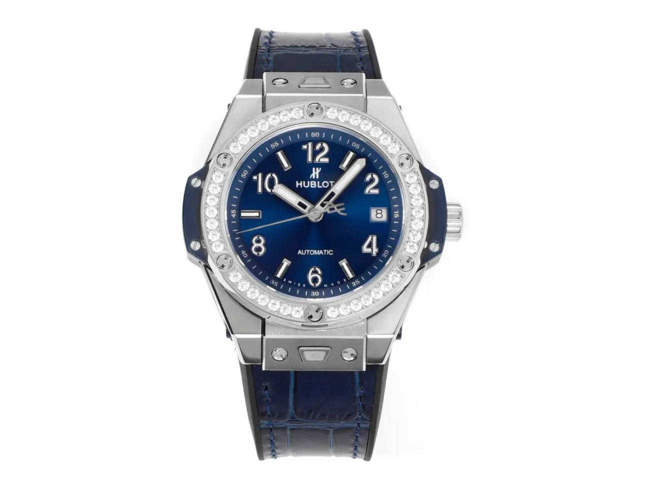 src_0-411.webp HUBLOT Big Bang One-Click 39mm Stainless Steel White Diamond-Set Watch with Blue Leather Strap - Image 1