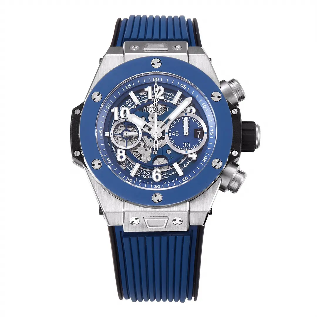 src_0-413.webp Hublot Big Bang Watch – Blue Chronograph with Skeleton Dial, Automatic Movement, Titanium Case - Image 1