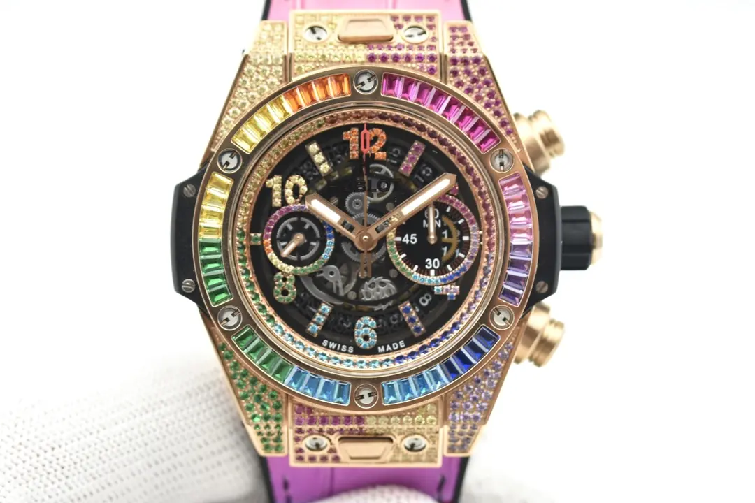 src_0-415.webp Hublot Big Bang Rainbow 44mm Chronograph Watch with Pink Rubber Strap - Image 1