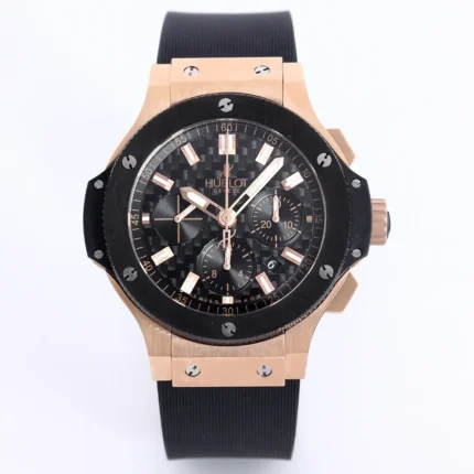 Hublot Big Bang 44mm Rose Gold Black Dial Chronograph Watch with Rubber Strap