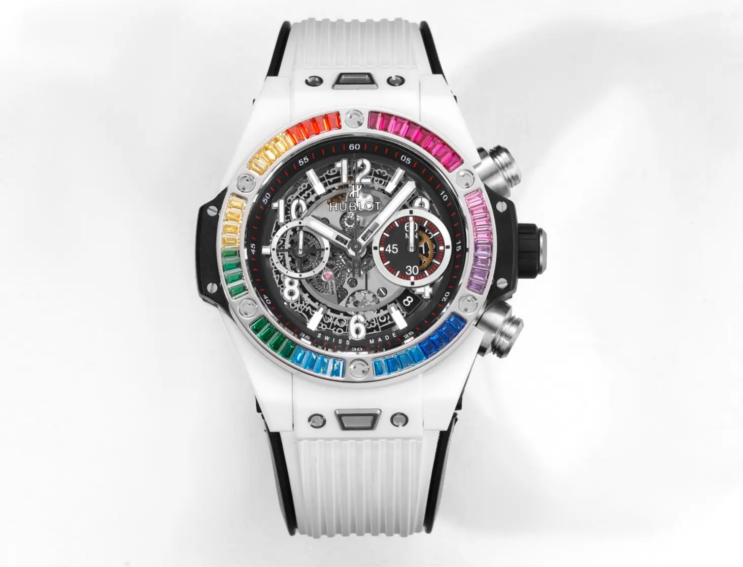 src_0-426.webp Hublot Big Bang Unico Rainbow Ceramic Watch – White with Multicolor Bezel, Automatic Chronograph, 45mm - Image 1