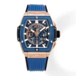 HUBLOT Spirit of Big Bang King Gold Blue Skeleton Dial Limited Edition Watch with Rubber Strap