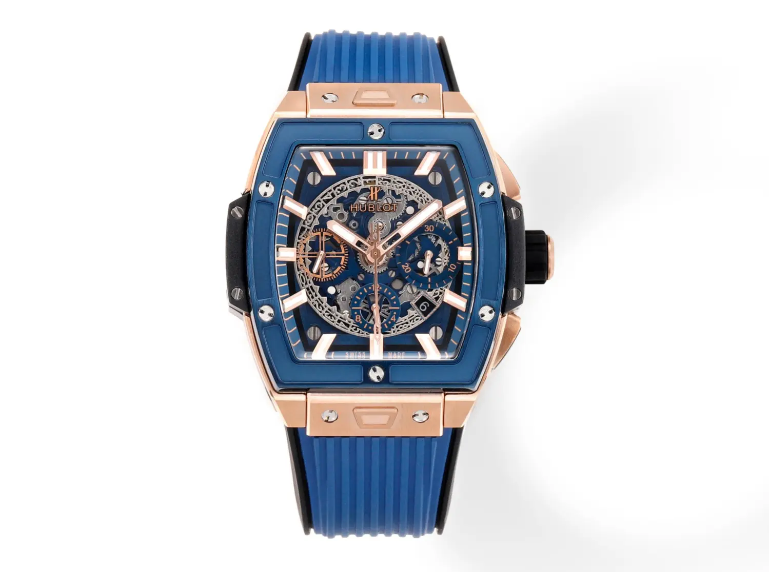 src_0-436.webp HUBLOT Spirit of Big Bang King Gold Blue Skeleton Dial Limited Edition Watch with Rubber Strap - Image 1