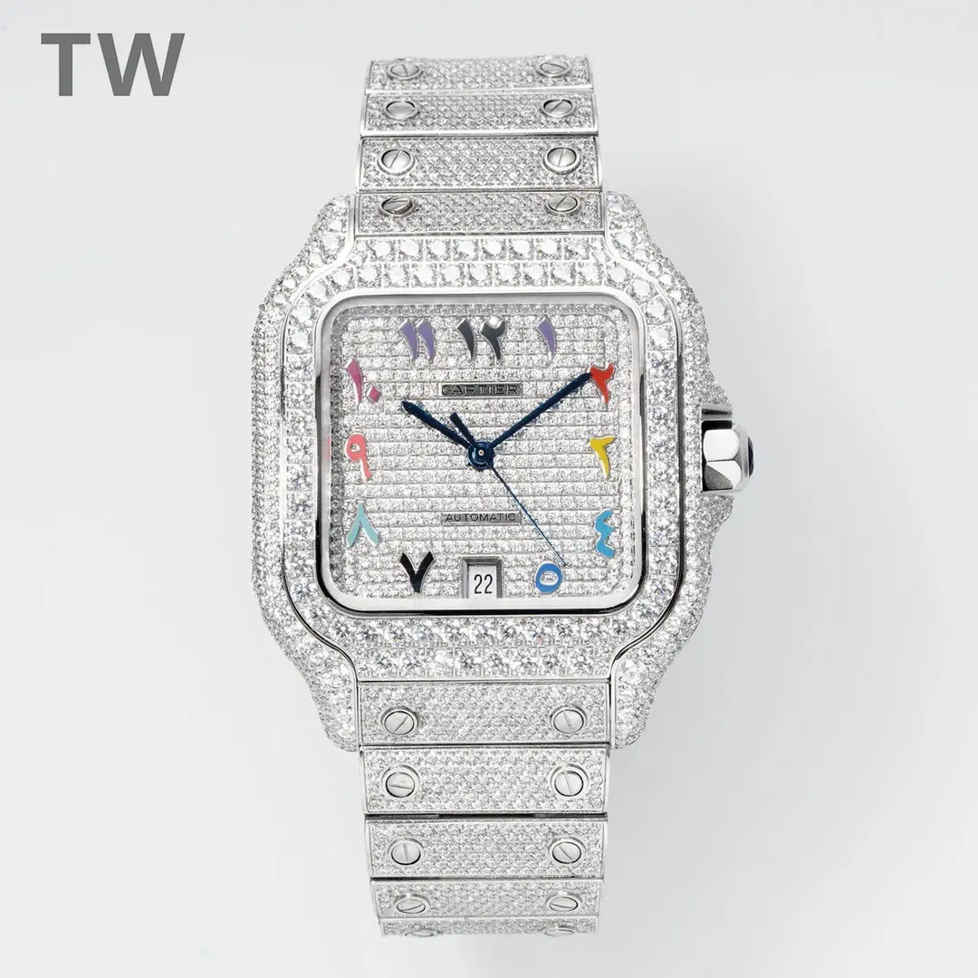 src_0-449.webp Cartier Santos Full Diamond Bezel Silver Watch - Image 1