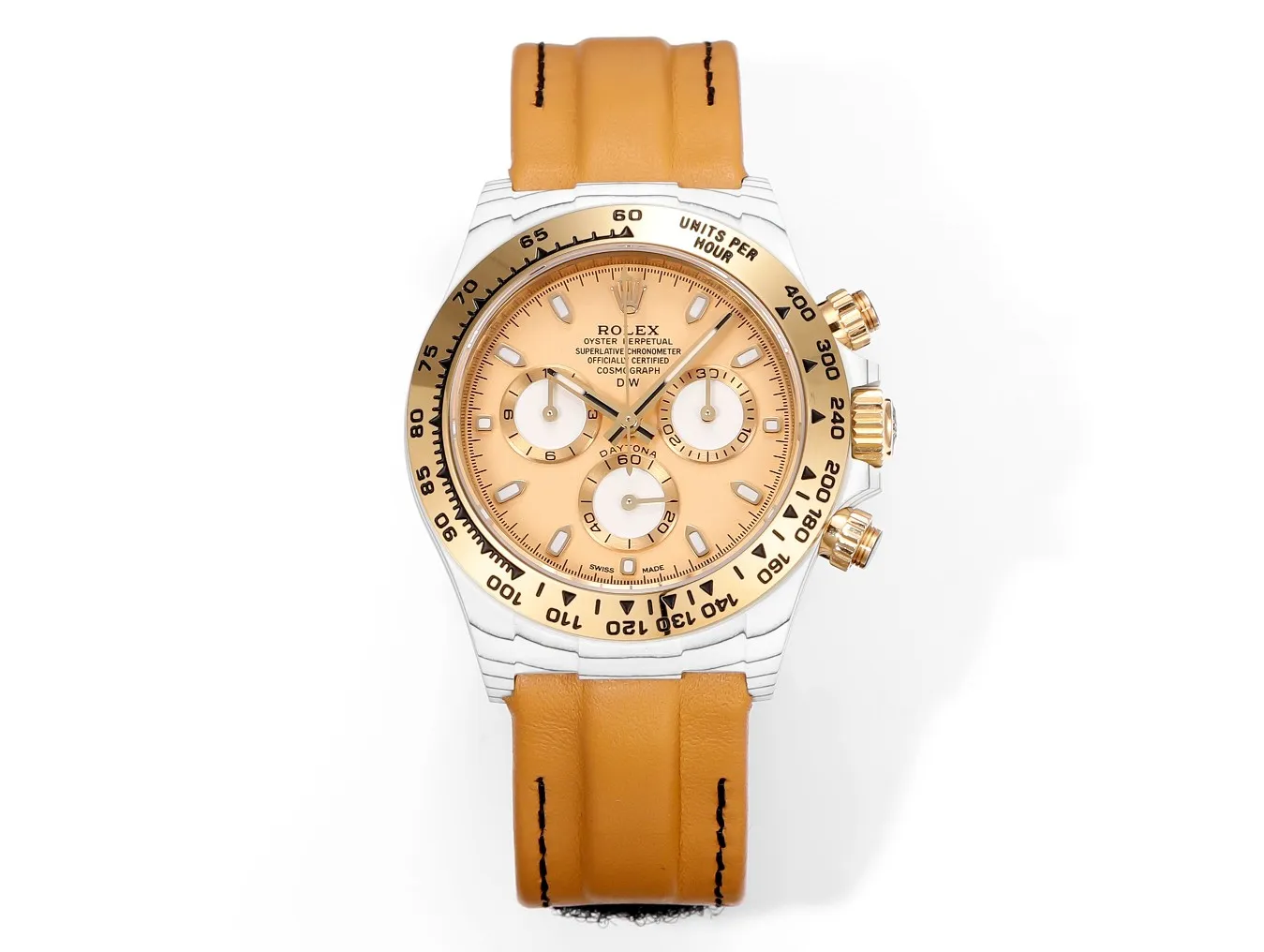 src_0-614.webp Rolex Daytona Carbon Fiber Custom Edition – Champagne Dial, Brown Strap, Enhanced Night Glow Case - Image 1