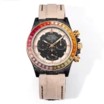 Rolex Daytona Custom Carbon Fiber Night Glow Case Watch – Black with Rainbow Bezel and Beige Strap