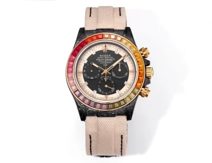 Rolex Daytona Custom Carbon Fiber Night Glow Case Watch – Black with Rainbow Bezel and Beige Strap
