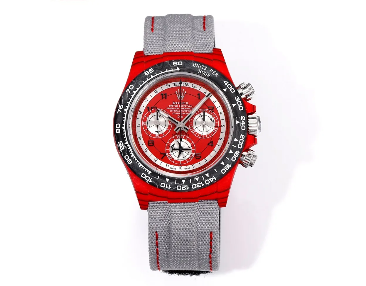 src_0-619.webp Rolex Daytona Carbon Fiber Night Glow Case Watch β Red Dial, Grey Strap - Image 1