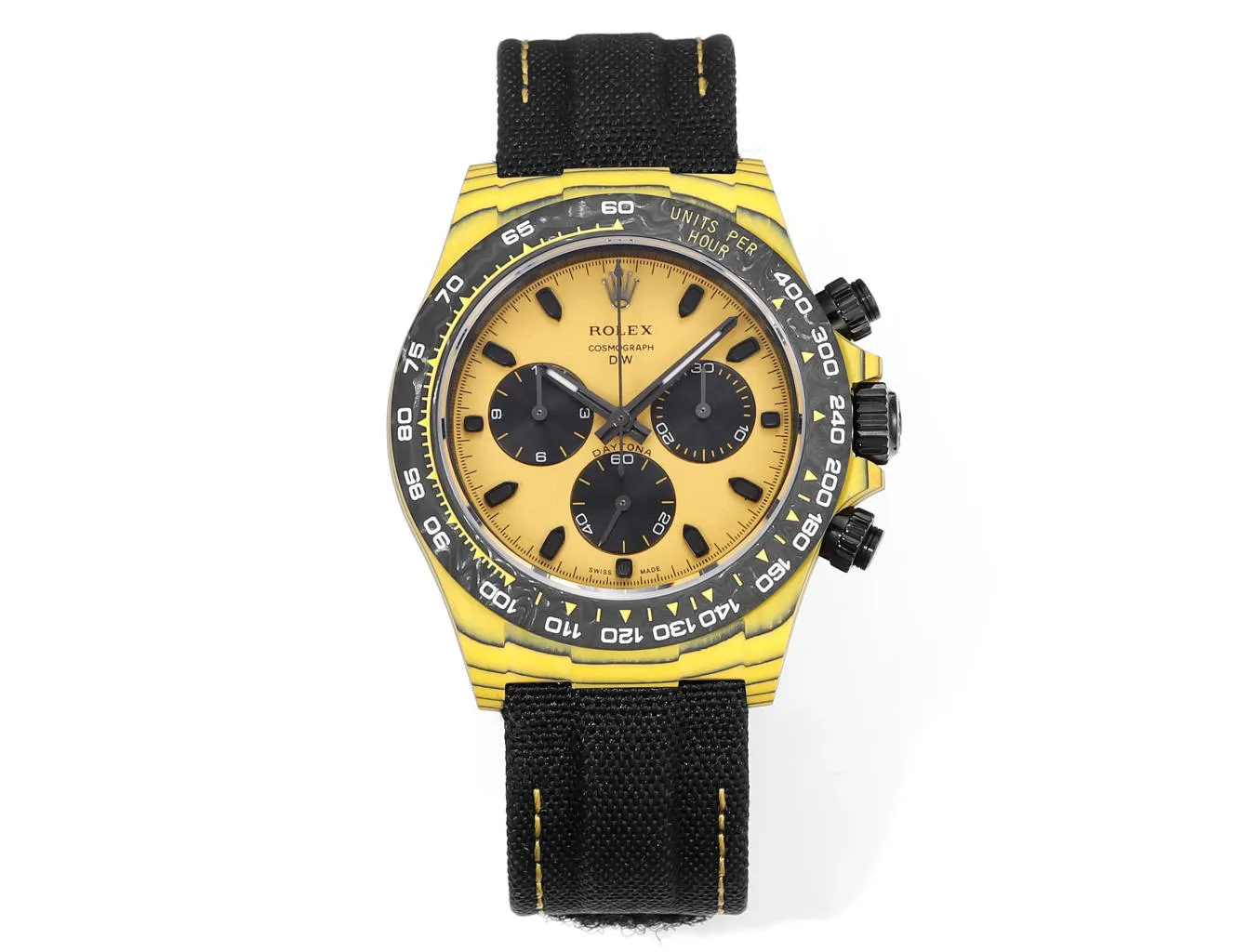 src_0-620.webp Rolex Daytona Carbon Fiber Night Glow Case Watch – Yellow with Black Strap - Image 1