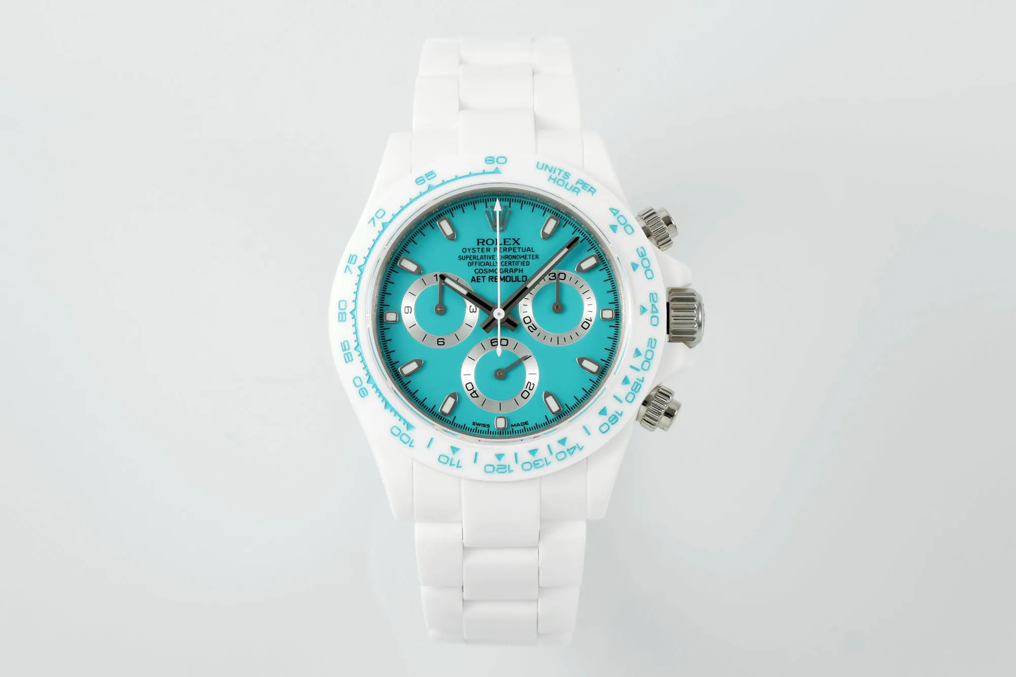src_0-625.webp Rolex Daytona Ceramic Watch – White Strap, Turquoise Dial, Racing Style - Image 1