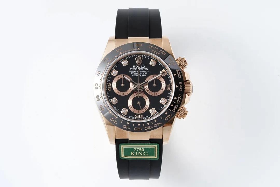 src_0-643.webp Rolex Daytona Rose Gold Black Dial Rubber Strap Watch - Image 1
