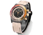 Rolex Daytona Custom Carbon Fiber Night Glow Case Watch – Black with Rainbow Bezel and Beige Strap - Image 3