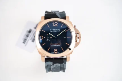 Panerai Luminor Marina Automatic Men’s Watch – Rose Gold Case, Black Dial, Camo Rubber Strap, 45mm