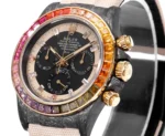 Rolex Daytona Custom Carbon Fiber Night Glow Case Watch – Black with Rainbow Bezel and Beige Strap - Image 4