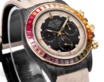 Rolex Daytona Custom Carbon Fiber Night Glow Case Watch – Black with Rainbow Bezel and Beige Strap - Image 5